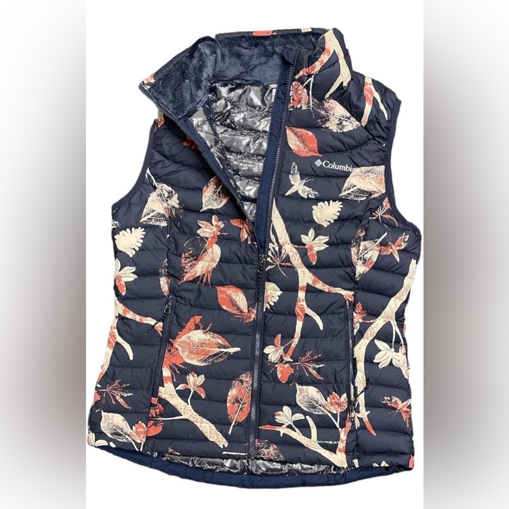 Columbia Women's White Out Puffer Omni Heat Zippered Vest Navy Floral XS
